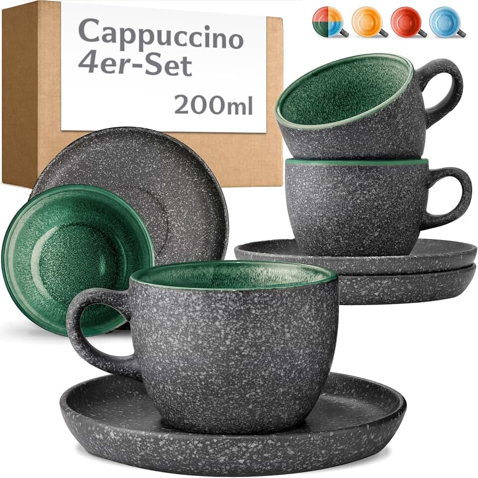 Cosumy 4er Cappuccino Tassen Set 200ml - Kaffetassen mit Untertassen - Grün