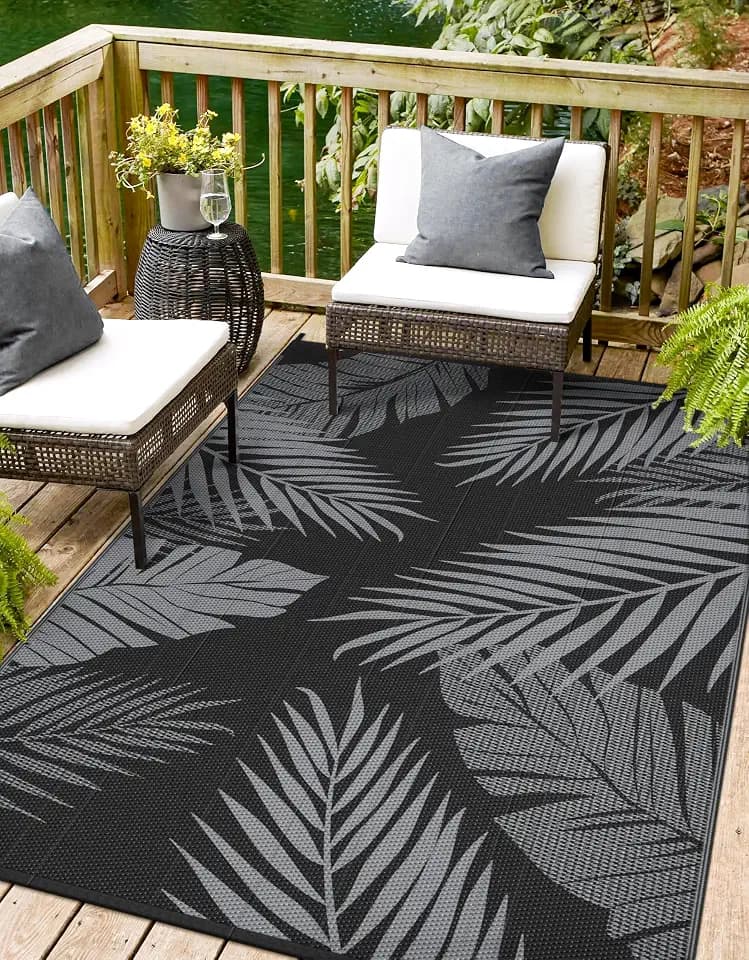 sarben Outdoor Rug, Waterproof Plastic Rugs for Patio, 5'x8' Black Grey