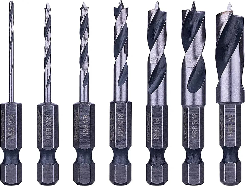 7PCS Brad Point Stubby Drill Bit Set, 1/4" Hex Shank, Sizes 1/16" to 3/8"
