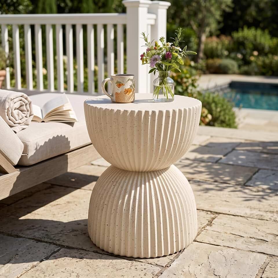 Christopher Knight Home Cyplo Lightweight Concrete Outdoor Side Table, Hourglass Shape Accent Table, Patio Garden Stool Coffee Table with Speckled Distressed Texture, No Assembly, Ribbed Accent, Beige