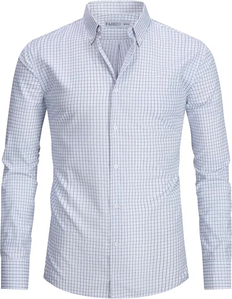 FAHIZO Men's Plaid Dress Shirt Long Sleeve Button Down Casual Business Shirt Wrinkle Free Regular Fit Cotton Blend