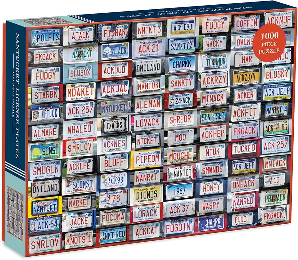Galison Nantucket License Plates Puzzle, 1,000 Pieces, 20” x 27” – Jigsaw Puzzle Featuring a Collage of License Plate Photographs – Thick, Sturdy Pieces, Challenging Family Activity, Great Gift Idea