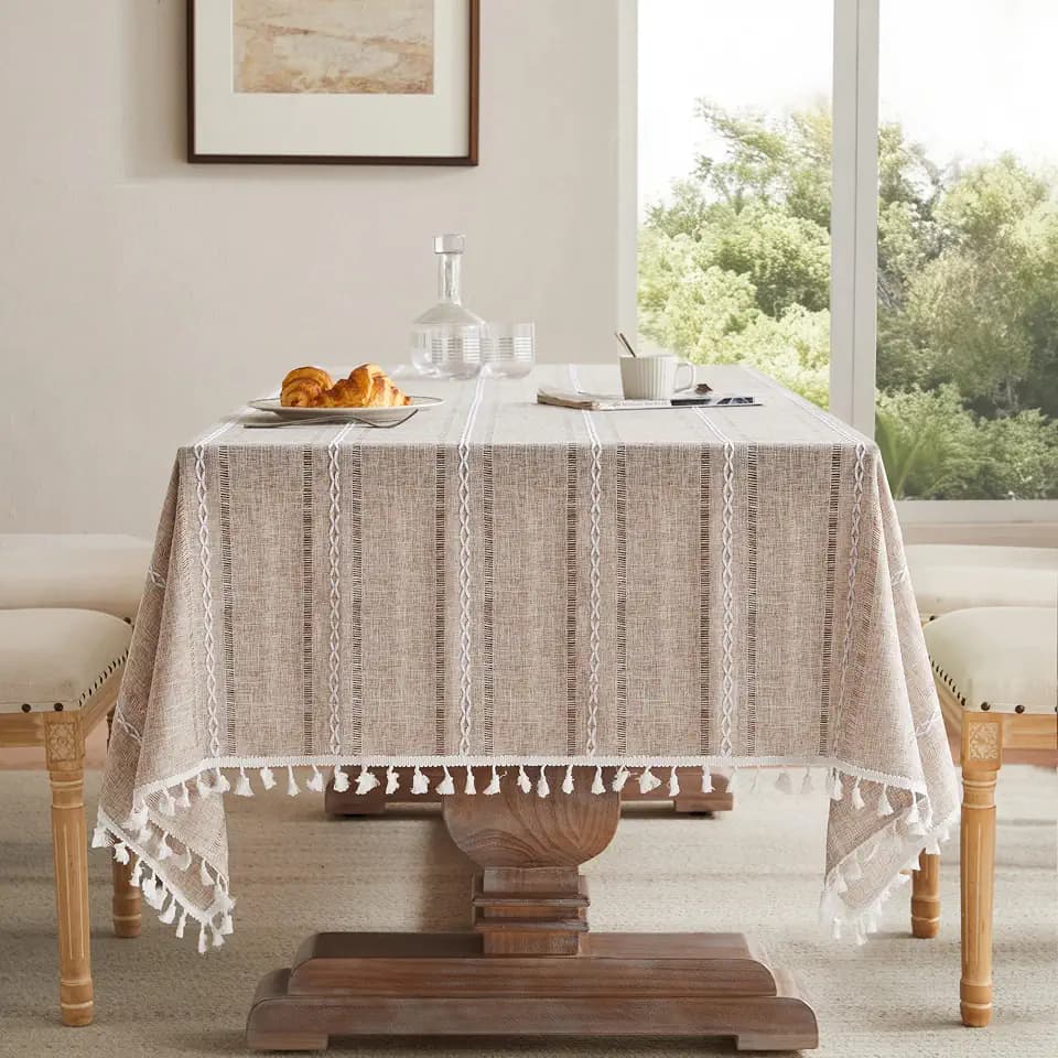 ZeeMart Hemstitched Striped Boho Table Cloth, 60x60 Inch Natural