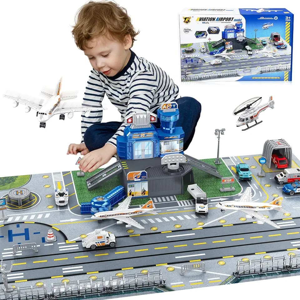 Flugzeug Spielzeug Set mit Lastwagen, Hubschrauber, Flugzeuge, Schilder und Flughafen-Spielmatte, interaktives frühes Lernspielzeug für Kleinkind Jungen und Mädchen, tolles Geschenk für Geburtstag und