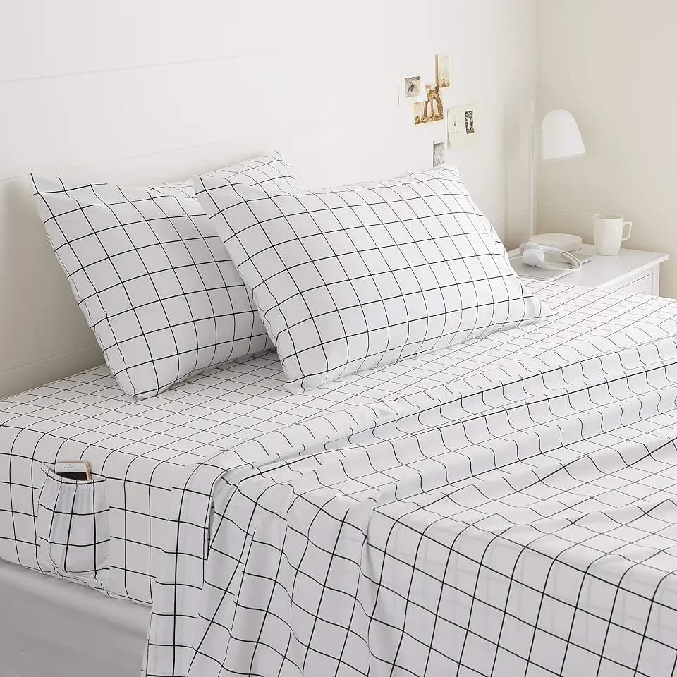 Amazon Basics Soft Microfiber 4-Piece Bed Sheet Set with Elastic Side Pockets for Storage, Full, Black Grid, Geometric