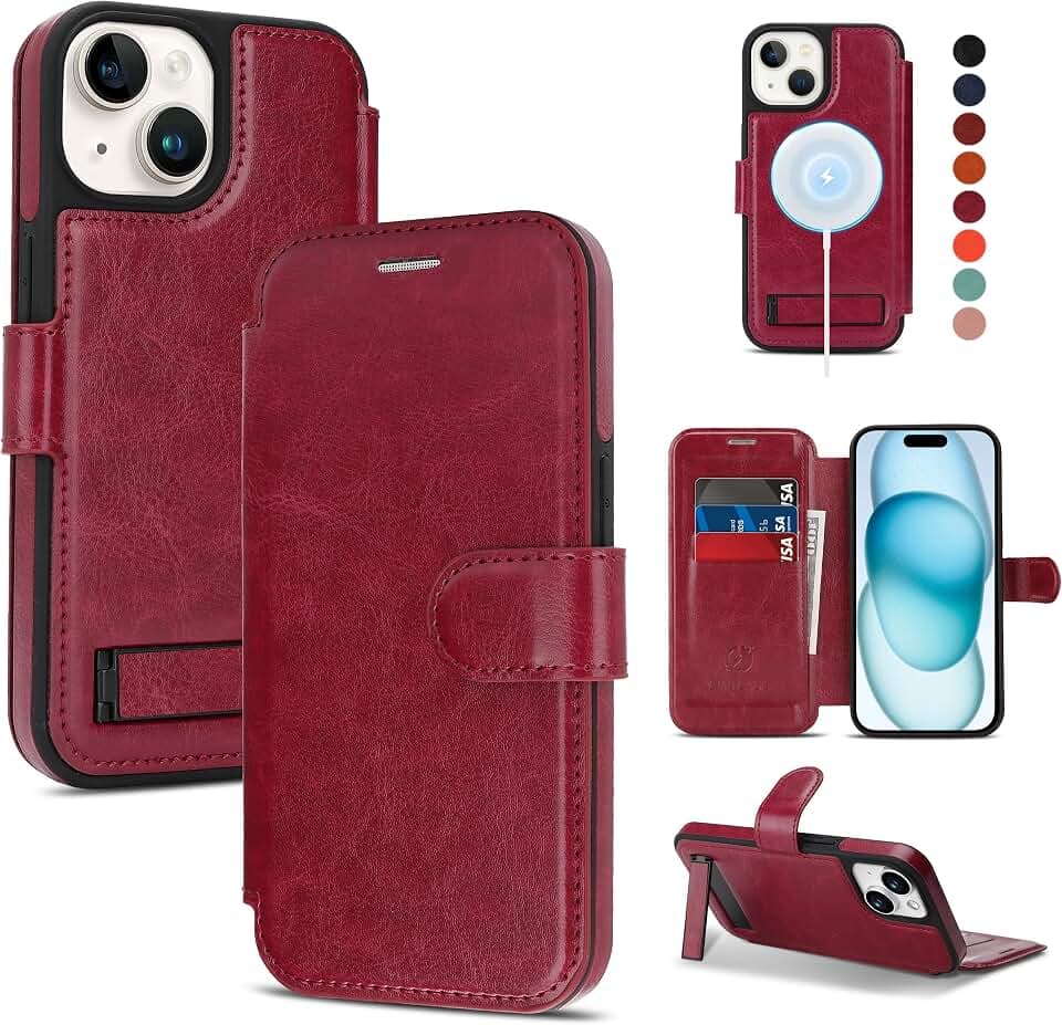 for iPhone 13/iPhone 14 Wallet Case with Stand,PU Leather Flip Credit Card Holder Slots (RFID Blocking),Compatible with Magsafe Magnetic Holder Phone Cover Women Men,Wine Red