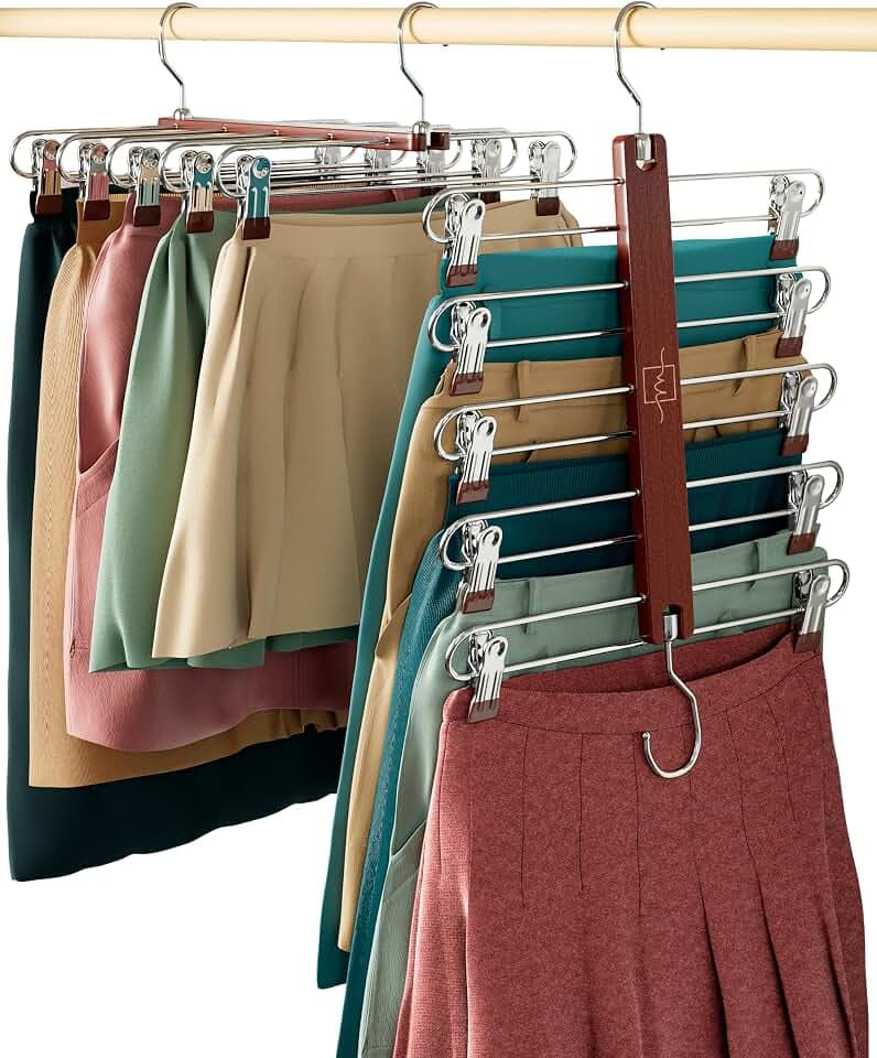 MORALVE Rockbügel Platzsparend mit Clips – 2er-Pack – 5-stufiger Kleiderbügel aus europäischem Buchenholz für Shorts, Röcke und Hosen – Kleiderschrank Organizer mit 360° drehbarem Haken