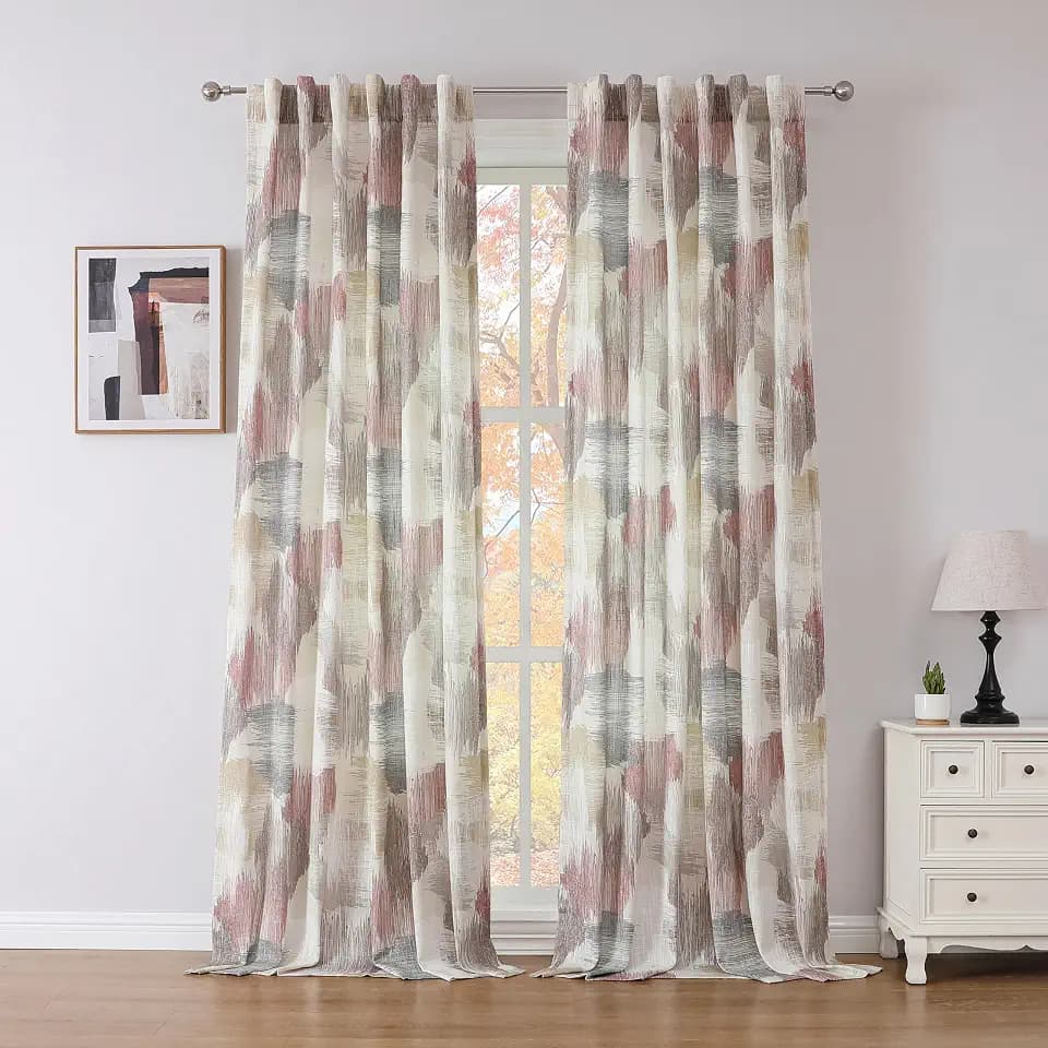 Kayne Studio Red Tan Boho Geo Rod Pocket Semi Sheer Curtains 95 Inches Long