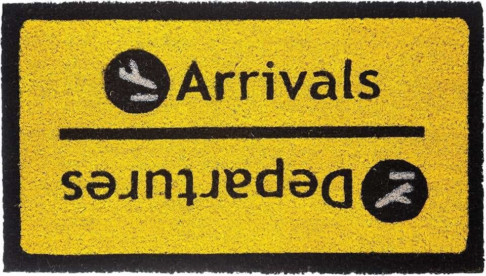 FISURA – Originelle Kokos-Fußmatte Arrivals/Departures“ mit Rutschfester PVC-Unterseite. Handbemalte Türmatte für den Eingangsbereich, Maße 70 x 40 cm, dekorativ und robust.