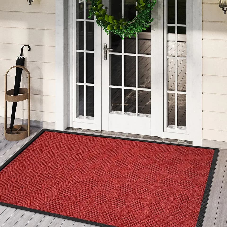 tonchean Front Door Mat, 60" x 36" Heavy Duty Indoor Outdoor Doormat, Red