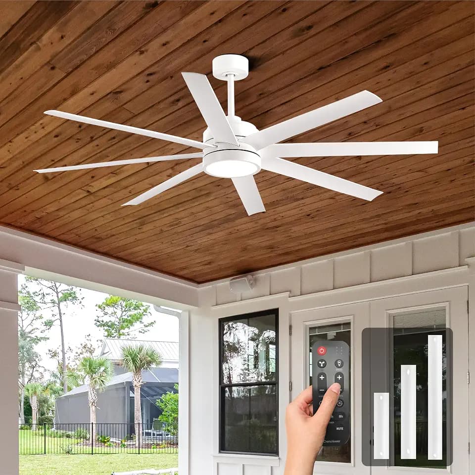 Modern Ceiling Fans with Lights, 72 Inch Ceiling Fan with Remote for Bedroom Living Room Kitchen Library Cafe Outdoor/Industrial Use,24W 6CCT 8 Blades 6 Speed Reversible Quiet DC Motor, White