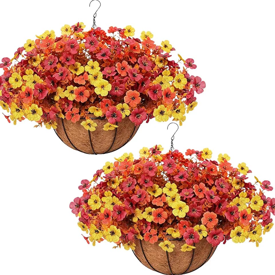 2 Set Artificial Fake Mums Flowers Plants with Hanging Basket for Outdoor,2 Hanging Planters with 24 Pcs Faux Plastic Mums Fall Flowers for Outside Autumn Porch Garden Patio Home Decor (3 Multicolor)