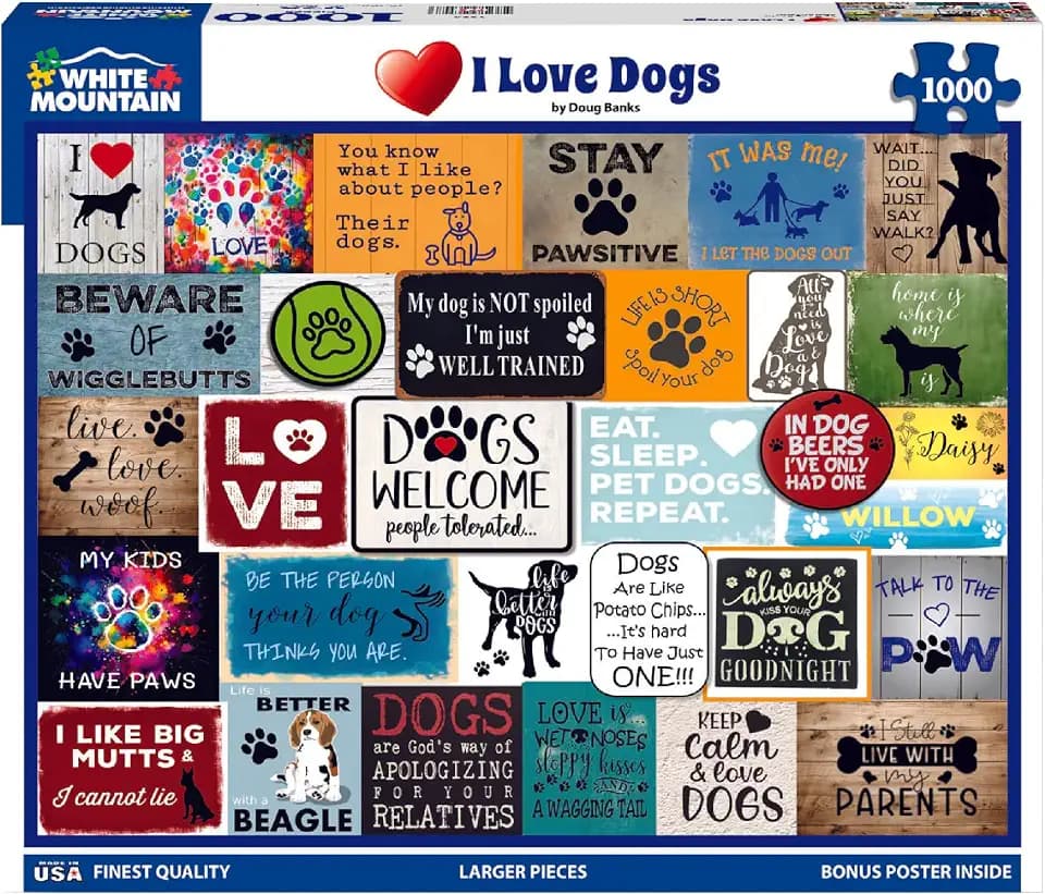 White Mountain 1000 Piece Jigsaw Puzzle Dog Quotes Collage, I Love Dogs