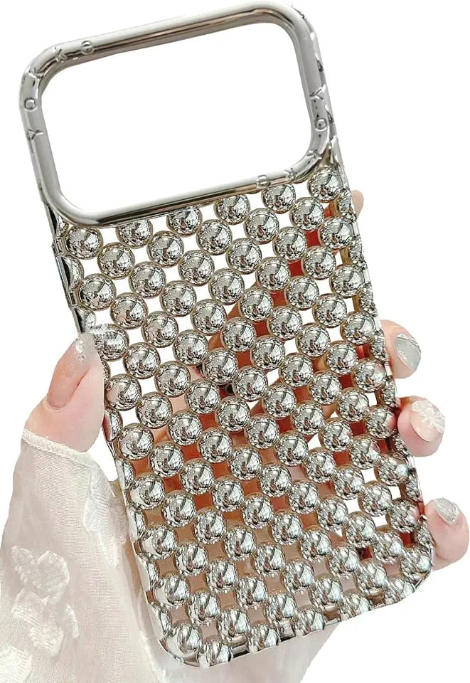 JANDM Hollow Out Compatible with iPhone 17 Pro Max Case, Fashion Beads Bubble 3D Cut-Out Design,Glossy Chrome Electroplate Silicone Glitter Breathable Case for Women Girls