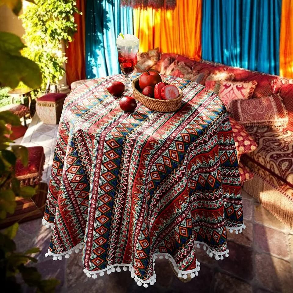 SUTAVIA Boho Tablecloth 60" Round Red Table Cloths Pompom Tassel