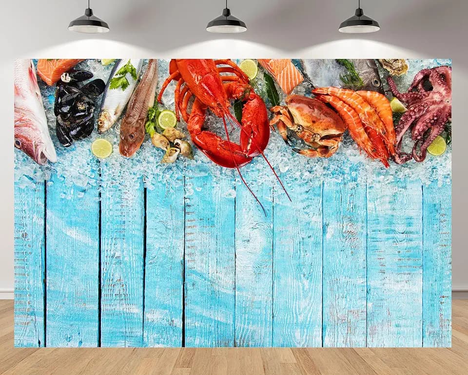 7x5ft Seafood Backdrop Fresh Lobster Shrimp Fish Shellfish Ice Cubes Blue Wooden Wall Background for Ocean Summer Yummy Party Birthday Good Time Celebration Decor Photo Studio Booth Props