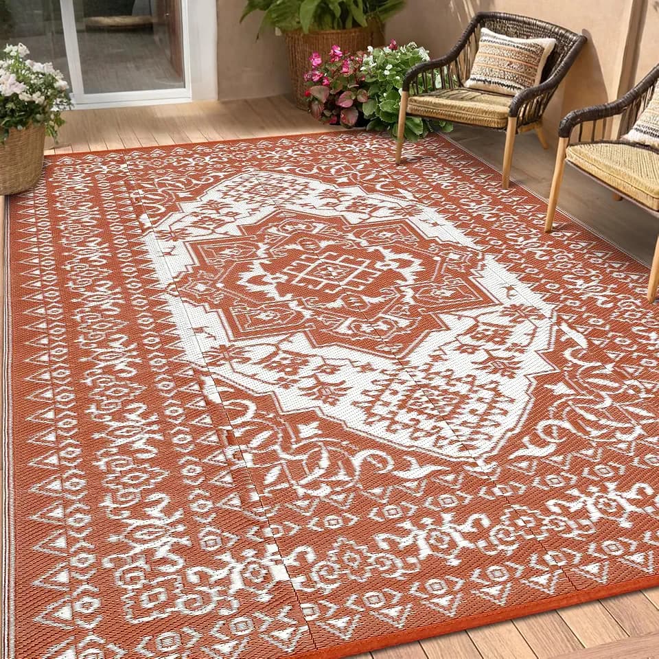Garvee 8x10 Outdoor Rug for Patios Vintage Reversible Camping Carpet, Waterproof Straw Plastic Outdoor Mat with 4 Stakes and Storage Bag for RV, Picnic, Backyard, Deck, Balcony, Porch, Beach