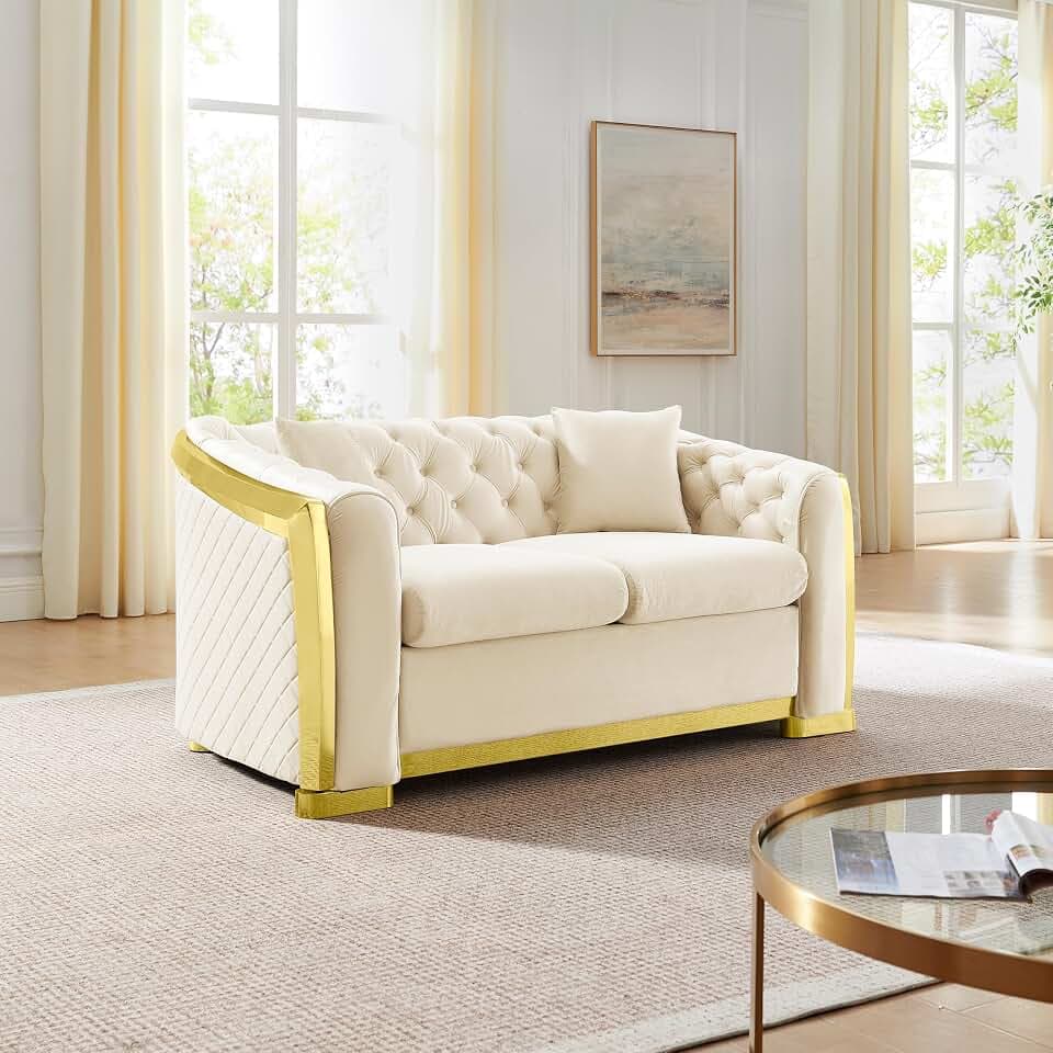 KEIKI 62" Luxury Oversized Velvet Chesterfield Sofa with 2 Pillow & Gold Stainless Decoration, Italian Modern Style 2-Seater Button Tufted Couch with Rolled Arms, Easy Assembly, for Living Room, Beige