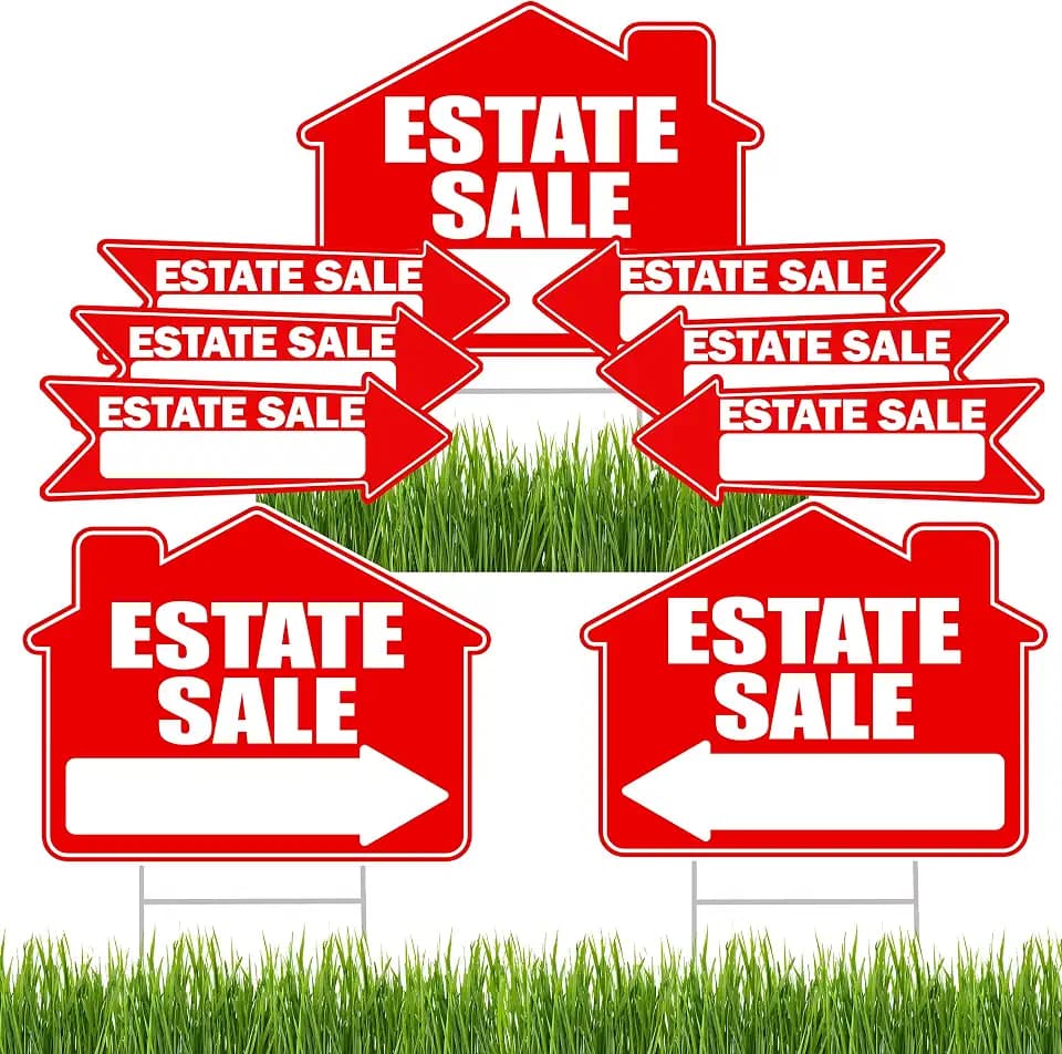 Rogue River Tactical 9 Piece Estate Sale Yard Sign Double Sided With Stake - Large, 17 Inch By 13 Inch With Arrows Arrow