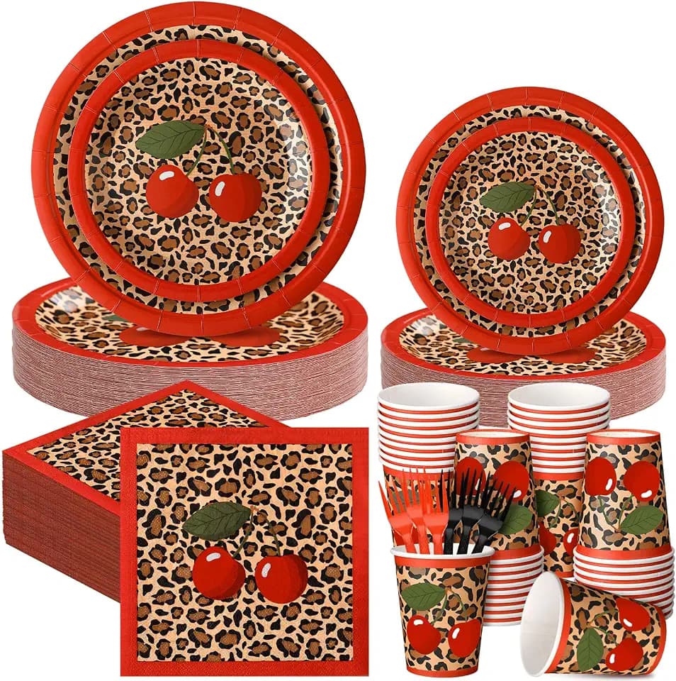 120 Pcs Cheetah Cherry Party Supplies Serve 24, Red Cherry