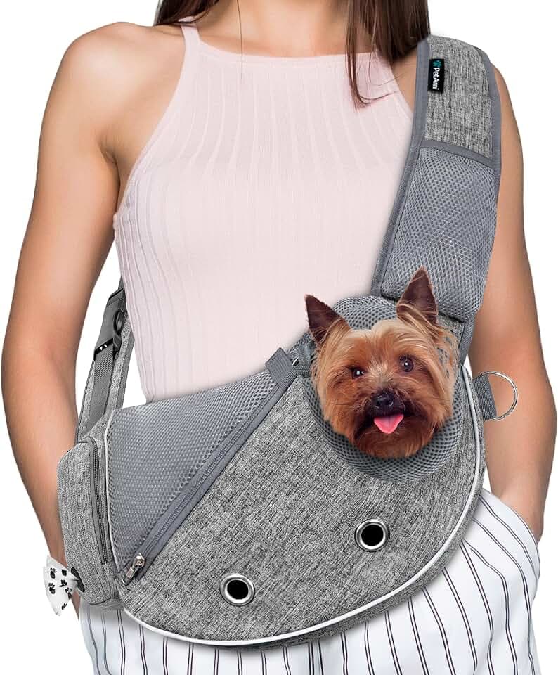 PetAmi Small Dog Sling Carrier, Puppy Cat Hands-Free Purse, 5 lb, Gray