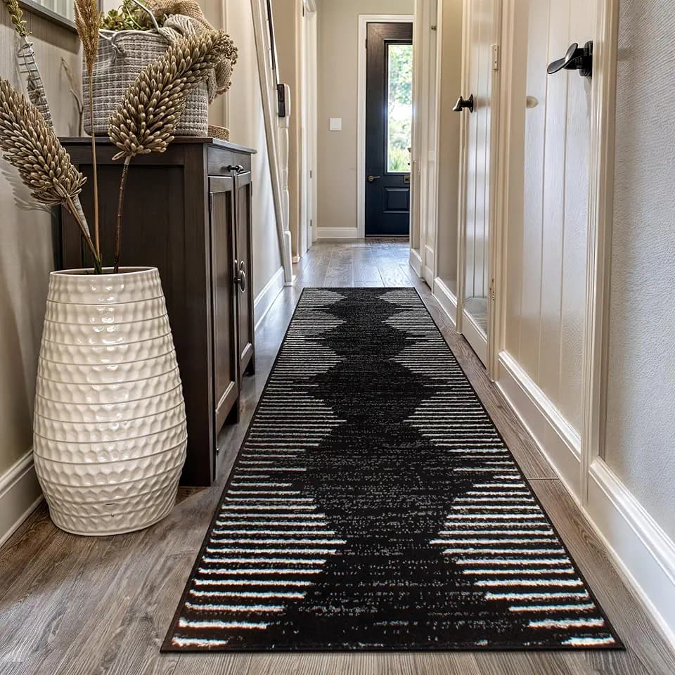Rugshop Bohemian Stripe Stain Resistant Runner Rug Black 2'7" x 12'