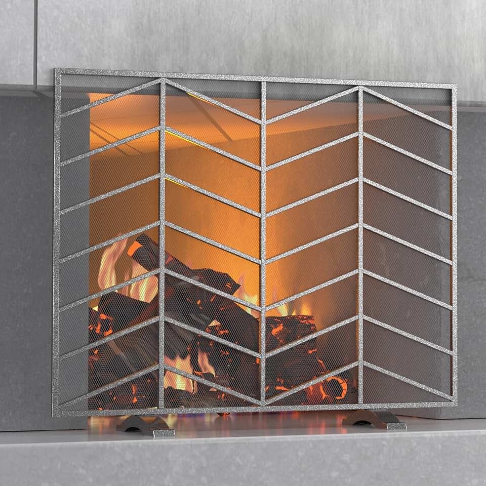 Fire Beauty Iron Chevron Fireplace Screen for Home Use(Pewter)
