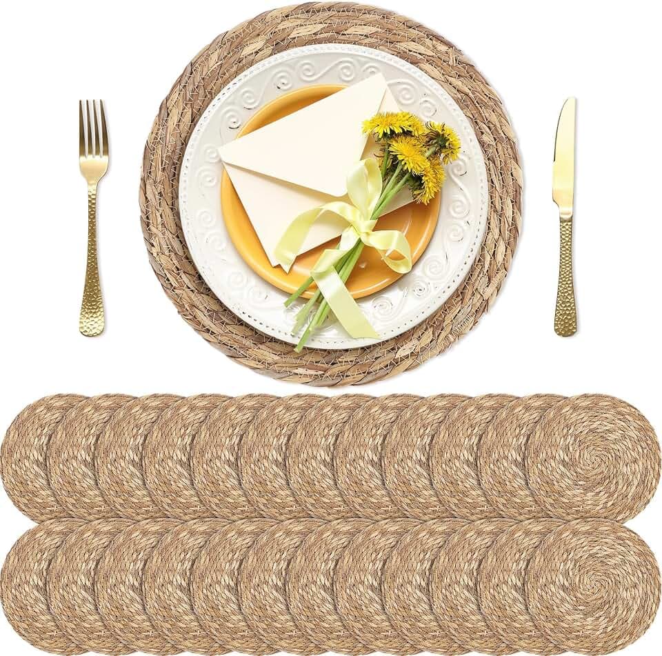 Kochorie 24 Pcs Round Woven Placemats 12 Inch Rattan Table Charger Plates