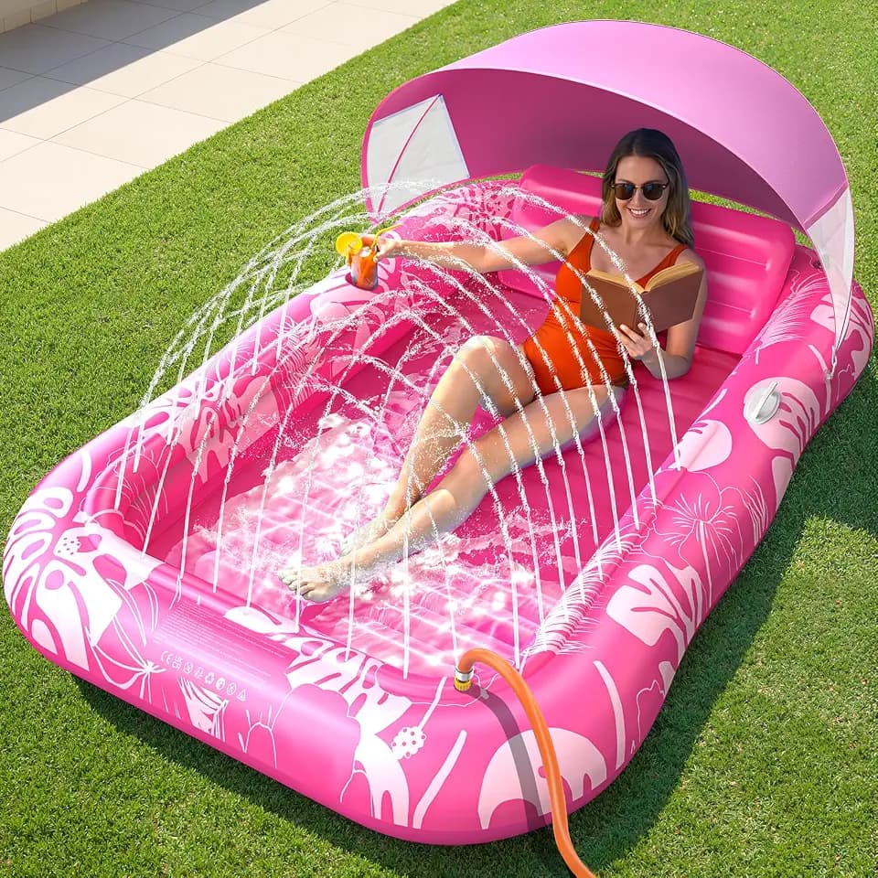 Inflatable Tanning Pool Lounger Float with Sprinkler, 77" x 48" XL Tanning Pool for Adults with Pillow & Cup Holder, 6 in 1 Suntan Tub Sunbathing Bed Pool Floats Adult for Backyard, Beach & Lake