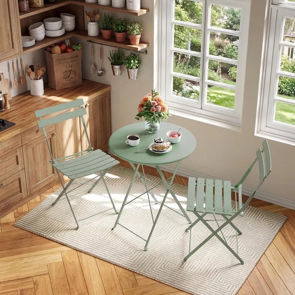 GarveeTech Folding Bistro Set Outdoor Patio Furniture, 3-Piece Green Foldable Table and Chairs with Heavy-Duty Steel Frame, No Assembly Required for Garden, Balcony, Backyard