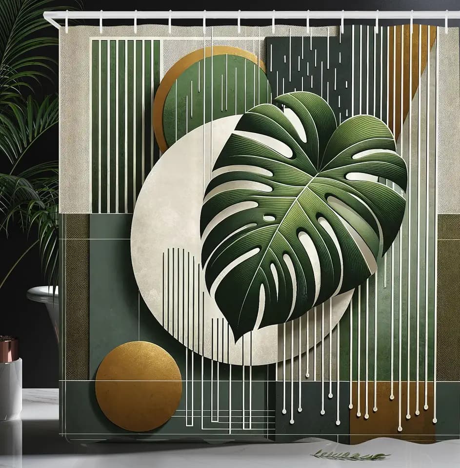 Ambesonne Green Shower Curtain, Mid Century Detailed Monstera Leaf Art with Lines and Rounds Rectangles, Cloth Fabric Bathroom Decor Set with Hooks, 69" W x 70" L, Laurel Green Dark Khaki
