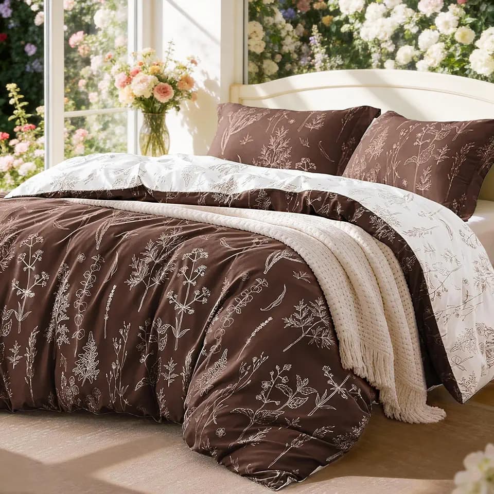 Love's cabin Floral Comforter Set Cute Bedding Queen Reversible Chocolate