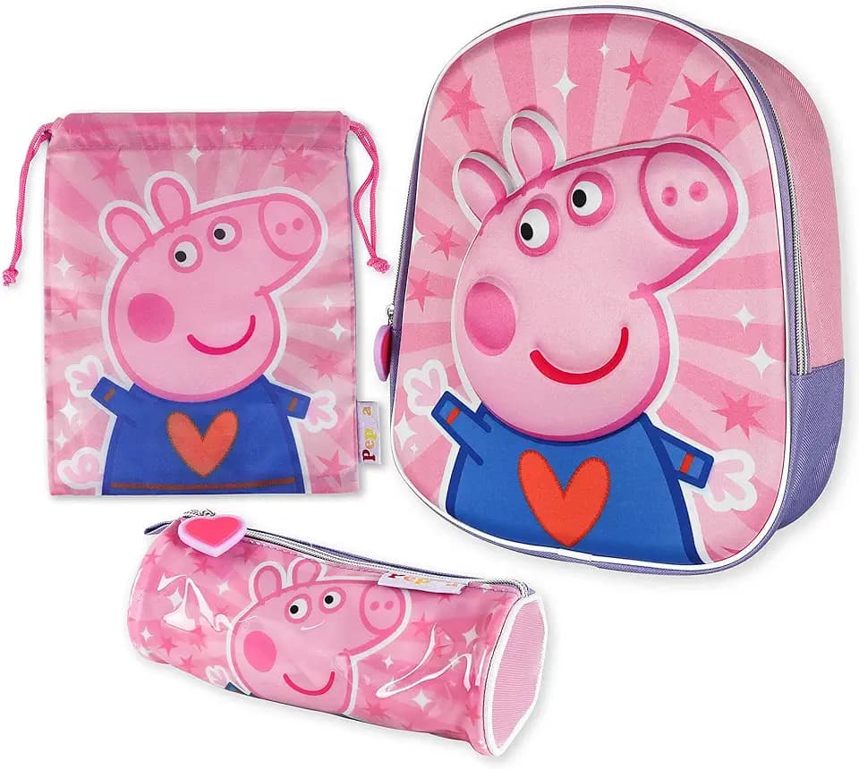 Kindergartenrucksack Mädchen 3D, Turnbeutel und Stiftebox - Peppa Pig | Schulrucksack Mädchen und Jungen, Rucksack Kinder, Rucksack Kindergarten Set, Kinderrucksack Kita Kleinkind | Schulanfang Peppa