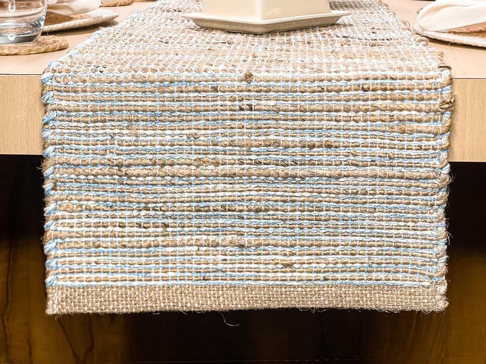 Chardin Home Natural Jute Table Runner, 13x90 Inch, Sky Blue-White