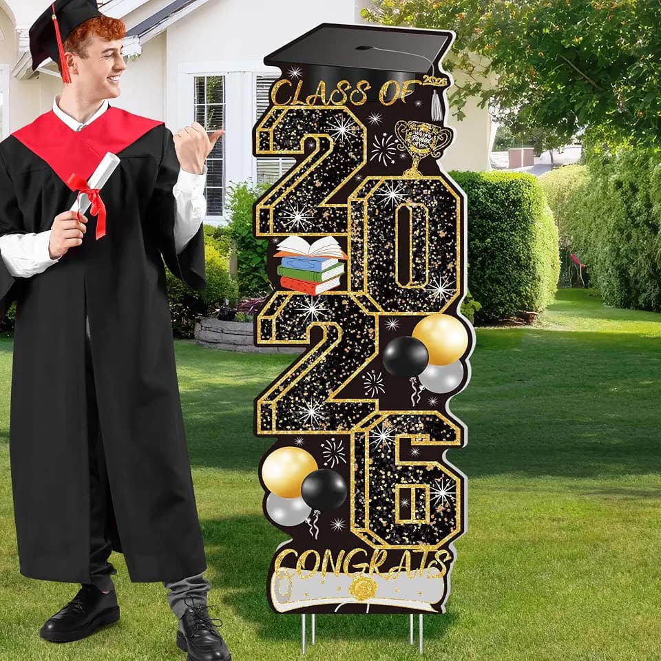 4PCS Black Gold Graduation Yard Decor Class of 2026 Signs with Stakes