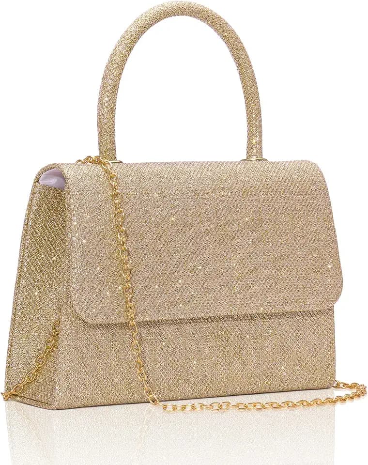 Larcenciel Women's Evening Handbags, Glitter Top Handle Evening Clutch Purse w/Chain for Party Prom Wedding Cocktail Club