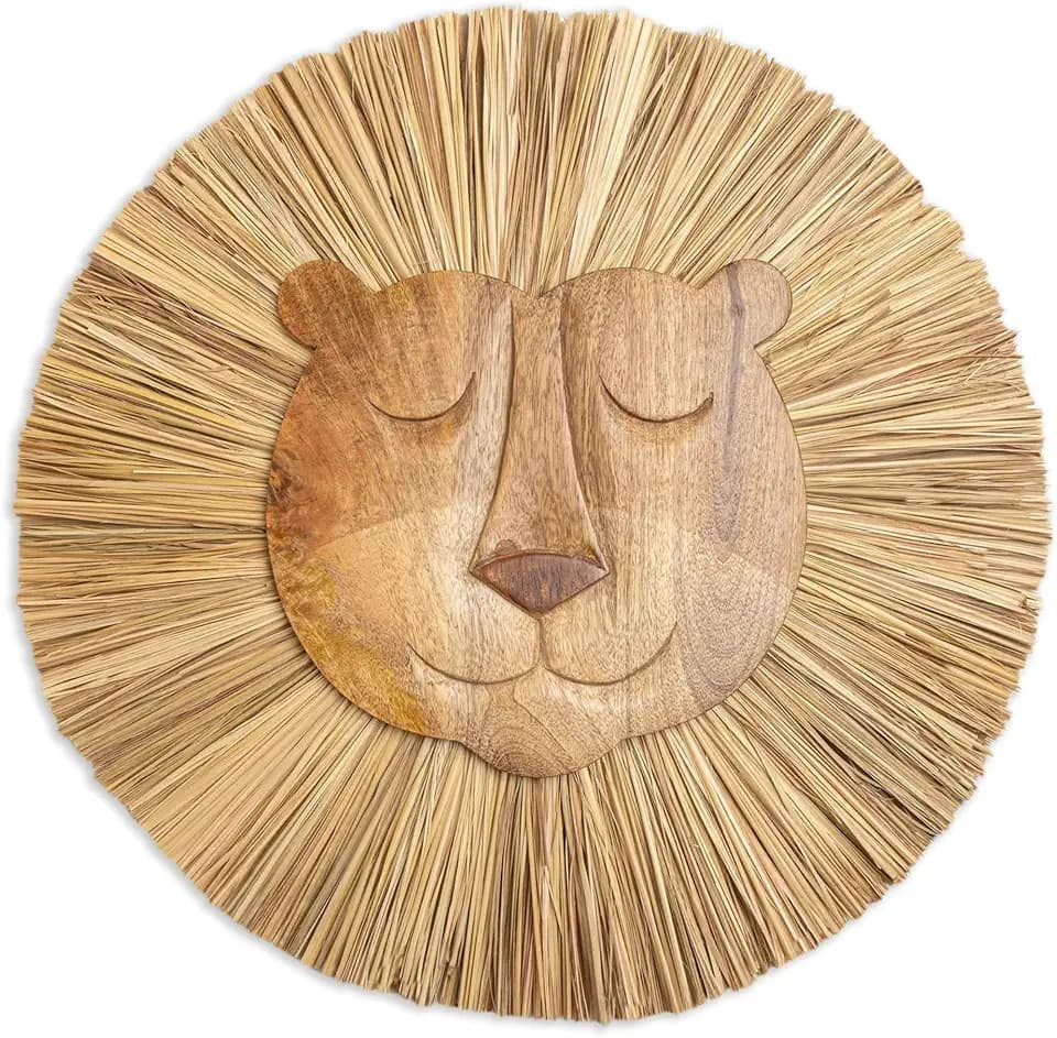 Crane Baby Handmade Wood Animal Safari Wall Art for Nursery Decor, Boho Jungle Theme, for Boys and Girls Lion 21L X 21W Brown
