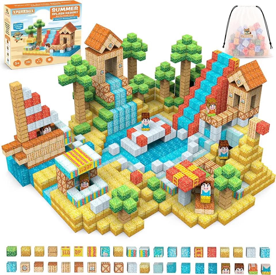 251 PCS Magnetic Blocks - Beach Pixel World Magnetic Building Cubes, 0.8in Magnet Blocks STEM Toys for Kids Ages 5-12, Screen Free Building Toy (Summer Splash Resort)