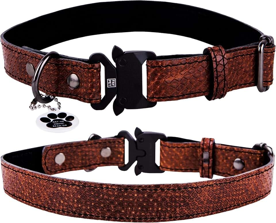Echtleder Dünnes Halsband Hund Verstellbar mit QR Code Anhänger, Hochwertige Hundehalsbänder mit Cobra Verschluss, Verstellbares Hundehalsband Leder Schmal, Lederhalsband Hund (L, Braun)