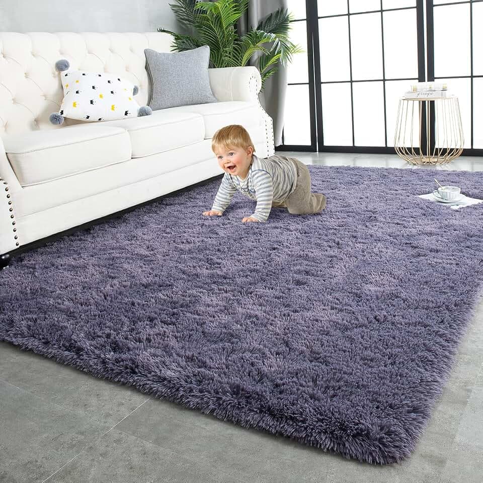 TWINNIS Super Soft Shaggy Rugs Fluffy Carpets 10x14 Feet, Indoor Modern Plush Area Rugs for Living Room Bedroom Kids Room Nursery Home Decor, Upgrade Anti-Skid Fuzzy Rug, Grey Purple