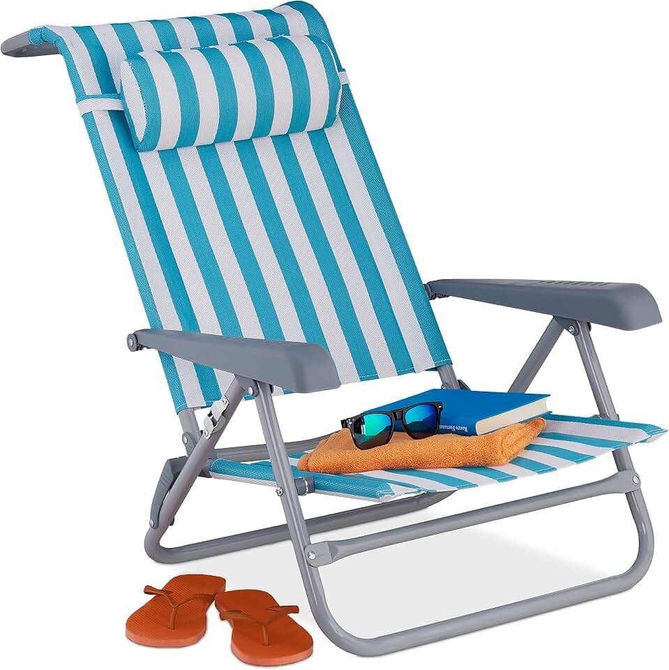 Relaxdays Liegestuhl klappbar, 8-stufig verstellbar, Strandstuhl mit Nackenkissen, Armlehnen & Flaschenöffner, blau/weiß
