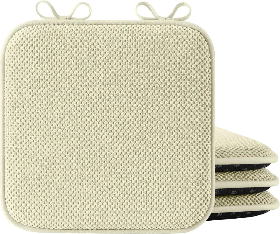puredown® Chair Cushions for Dining Chairs, Set of 4 Memory Foam Seat Cushions with Non-Slip Backing & Ties, 16" x 16" x 1.5", Comfortable & Supportive Dining Chair Pads for Kitchen, Light Khaki
