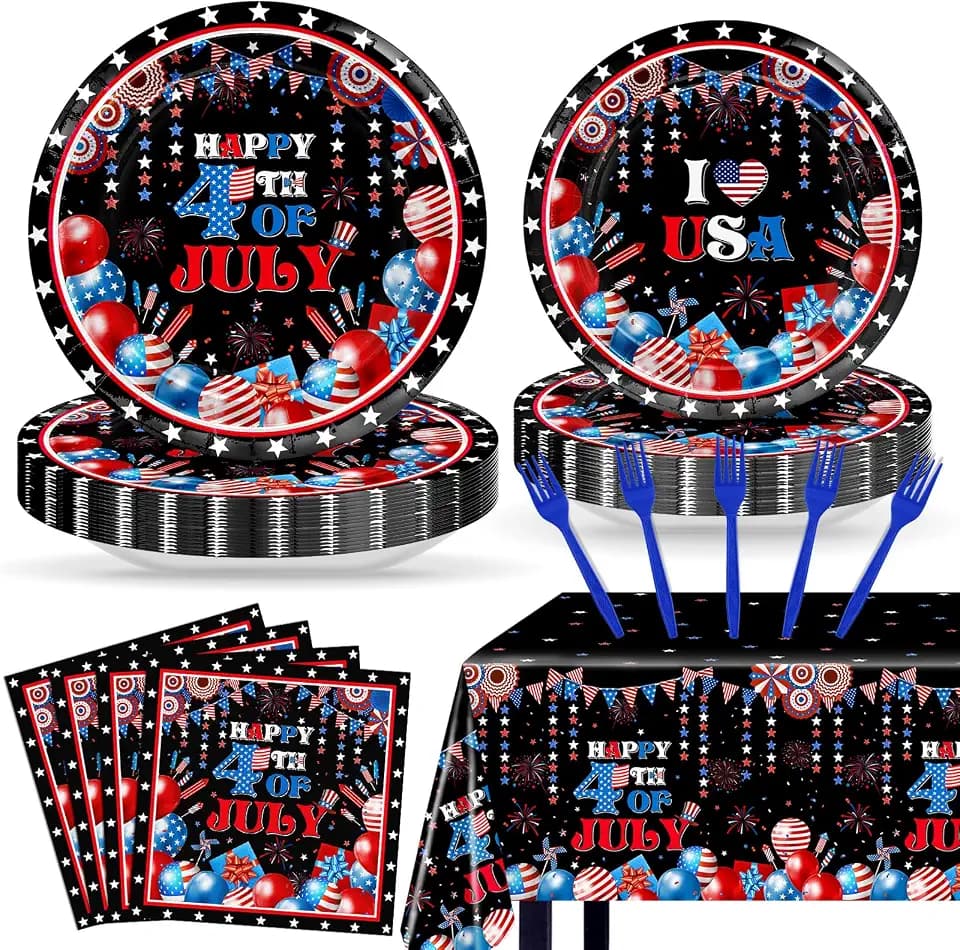 4th of July Decorations Red Blue 4th of July Paper Plates Napkins Tablecloth Set Patriotic Party Supplies for Independence Day Party Decorations Serve 24