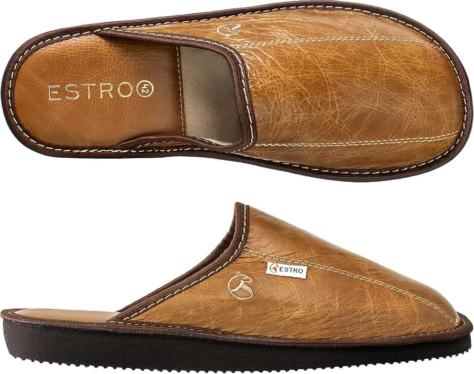 ESTRO Hausschuhe Herren Leder Herrenhausschuhe - Hausschuh Männer Pantoffel Pantoffeln Pantoletten Slipper Mann Warm Rust
