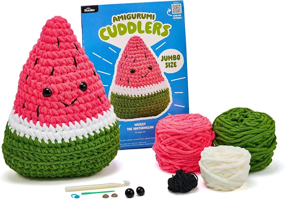 Bucilla, Jumbo Size Amigurumi Cuddlers, Knitting & Crochet Kit, for DIY Arts and Crafts, Wesley the Watermelon