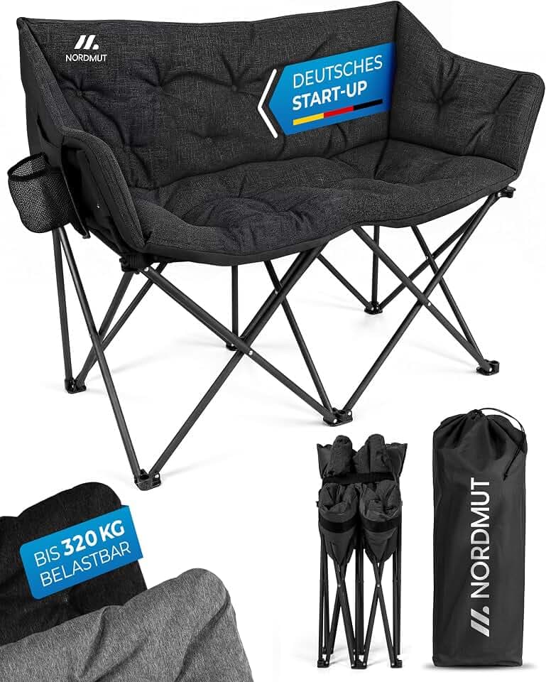 NORDMUT® Campingsofa faltbar für 2 Personen – stabile Camping Couch 320 kg belastbar – komfortabler Doppel Campingstuhl faltbar mit extra Dicker Polsterung (Anthrazit)