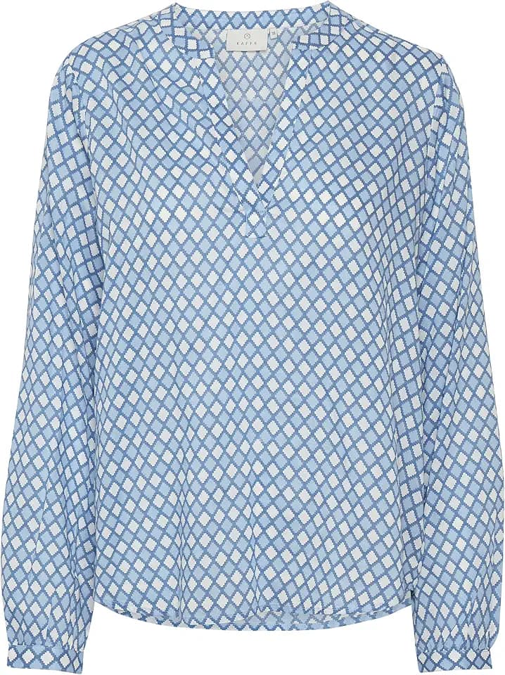 Kaffe Damen Kaffe Women's Long Sleeve Blouse with Print V-Neck Regular Fit Blouse, Light Blue Diamond Print, 34