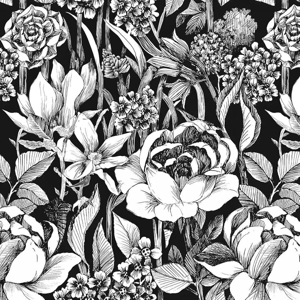 Black and White Floral Peel and Stick Wallpaper 17.5" x 275" Vintage Floral Contact Paper Sketch Flower and Leaf Self Adhesive Wall Paper Retro DIY Decorative Wallpaper Vinyl Roll Dark
