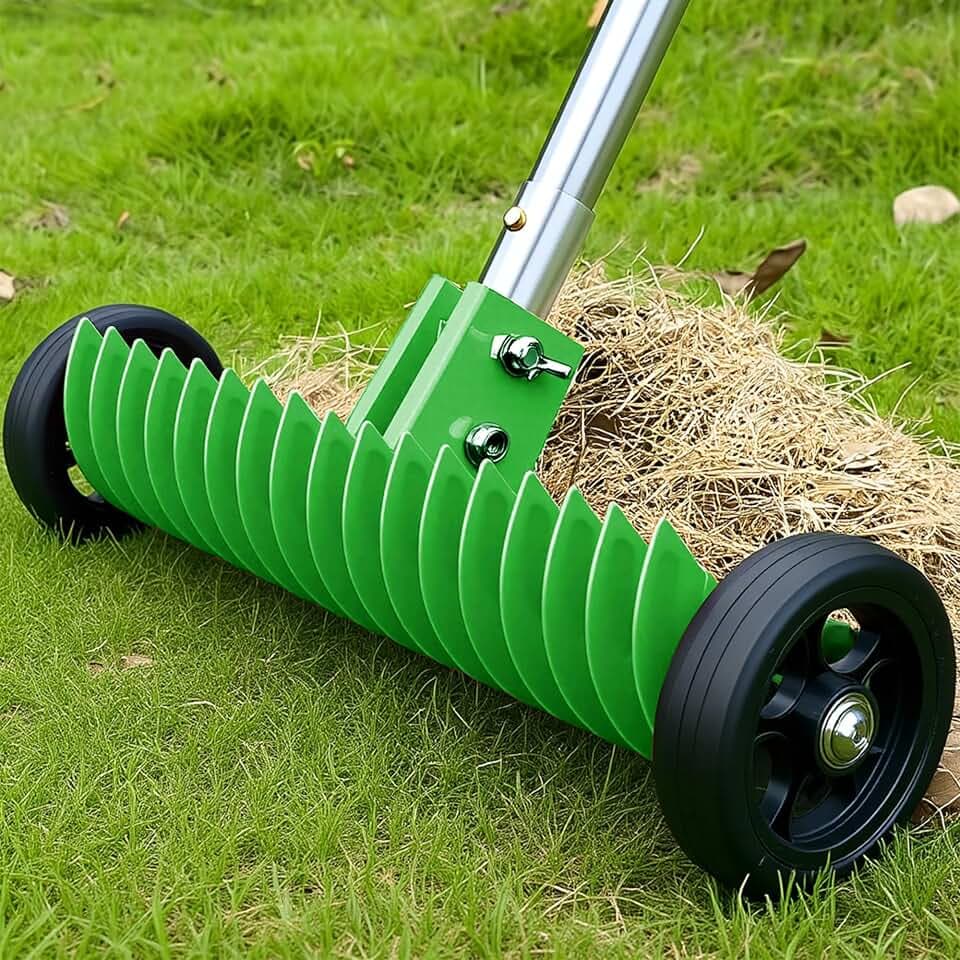 Thatch Rake for Lawn, 15-Inch Dethatcher Rake with Rolls Adjustable 0-15°