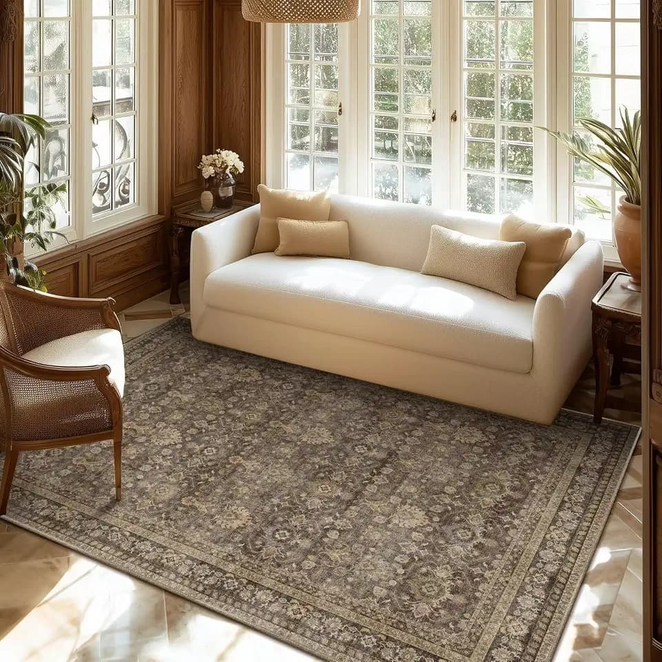 Washable 4x6 Rug, Distress Non-Slip Area Rugs, Deep Brown/Tan